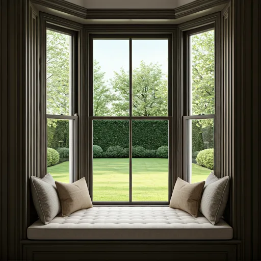 Elegant bay window seat overlooking a garden