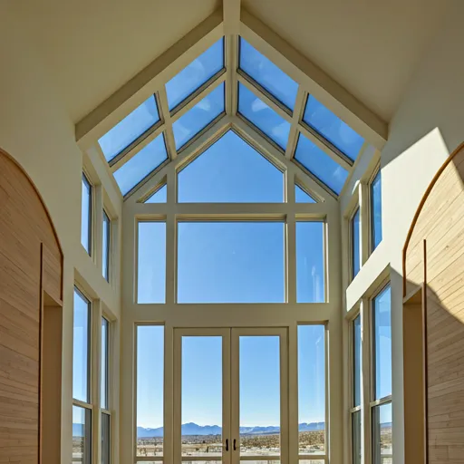 Cathedral ceiling with custom-shaped arched windows