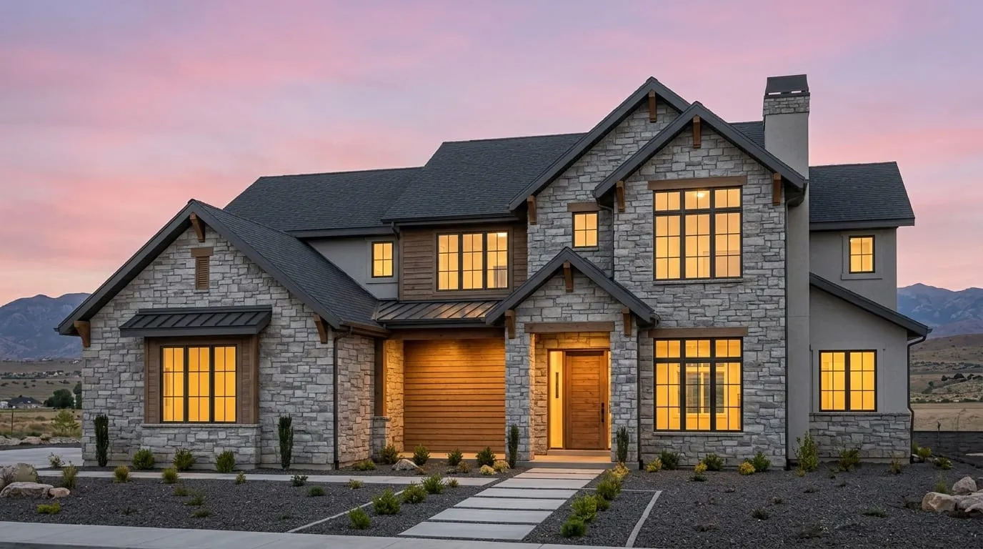Luxury Utah stone-and-wood home with large energy-efficient windows at dusk