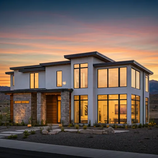 Luxury Utah mountain home with custom-shaped windows at golden hour