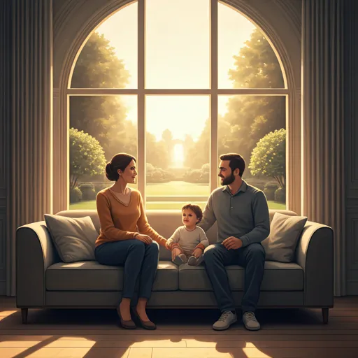 Family relaxing in a sunlit living room next to large windows