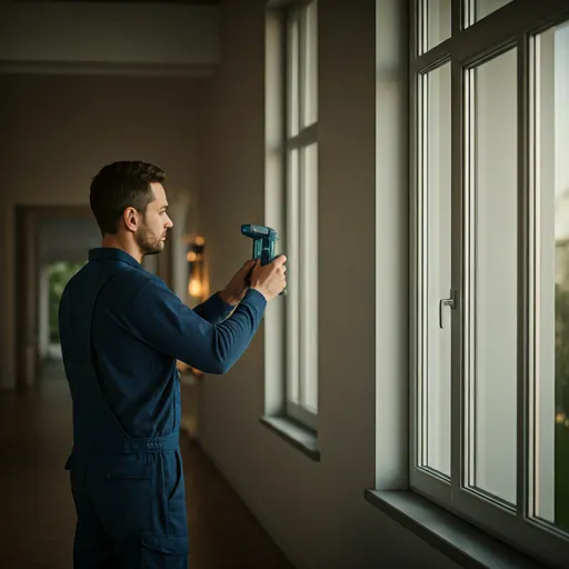 Technician using a laser measuring device on a window frame
